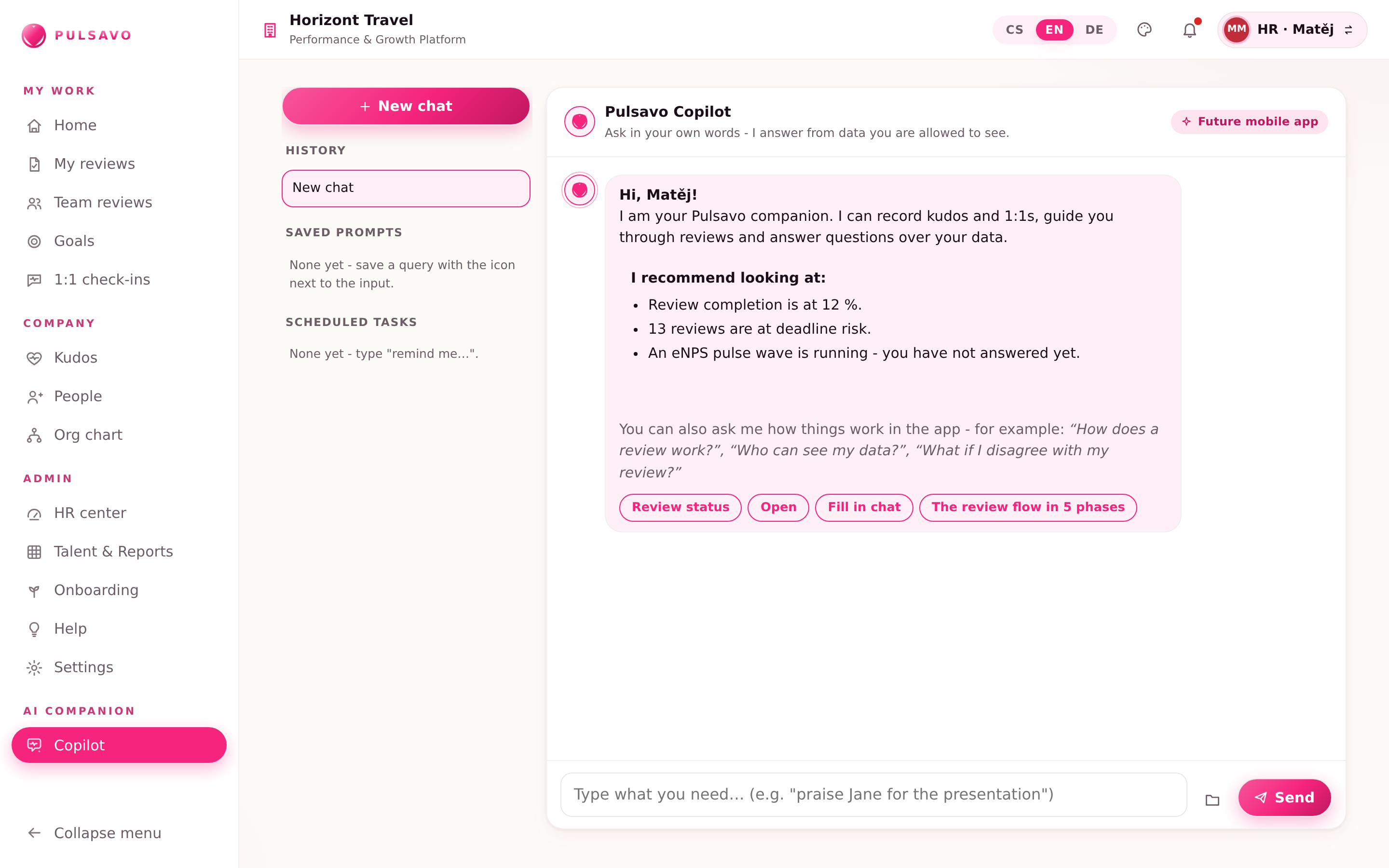 Pulsavo Copilot: a chat where the AI summarises the situation and recommends next steps.