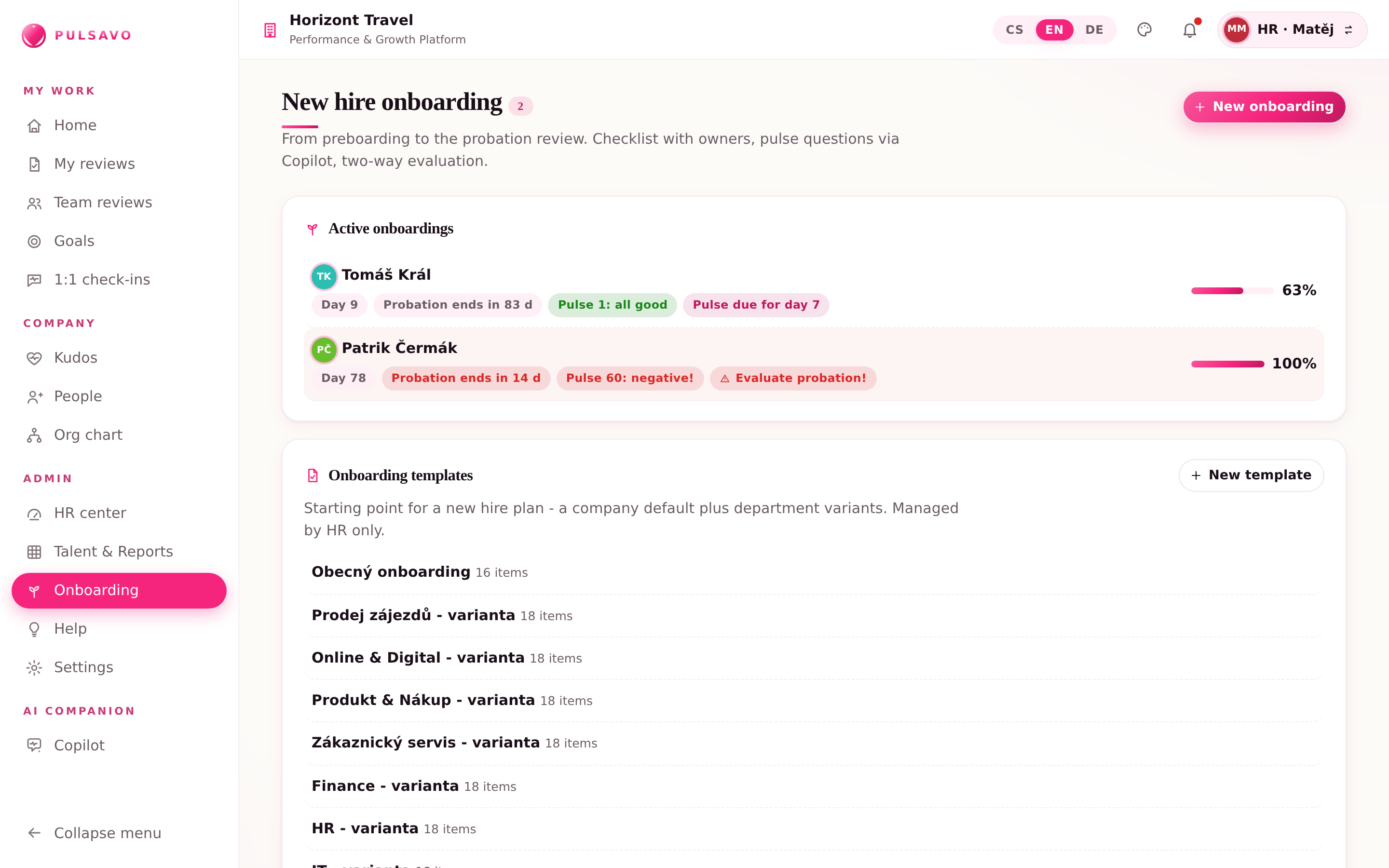 Onboarding in Pulsavo: active new hires with progress and probation tracking.
