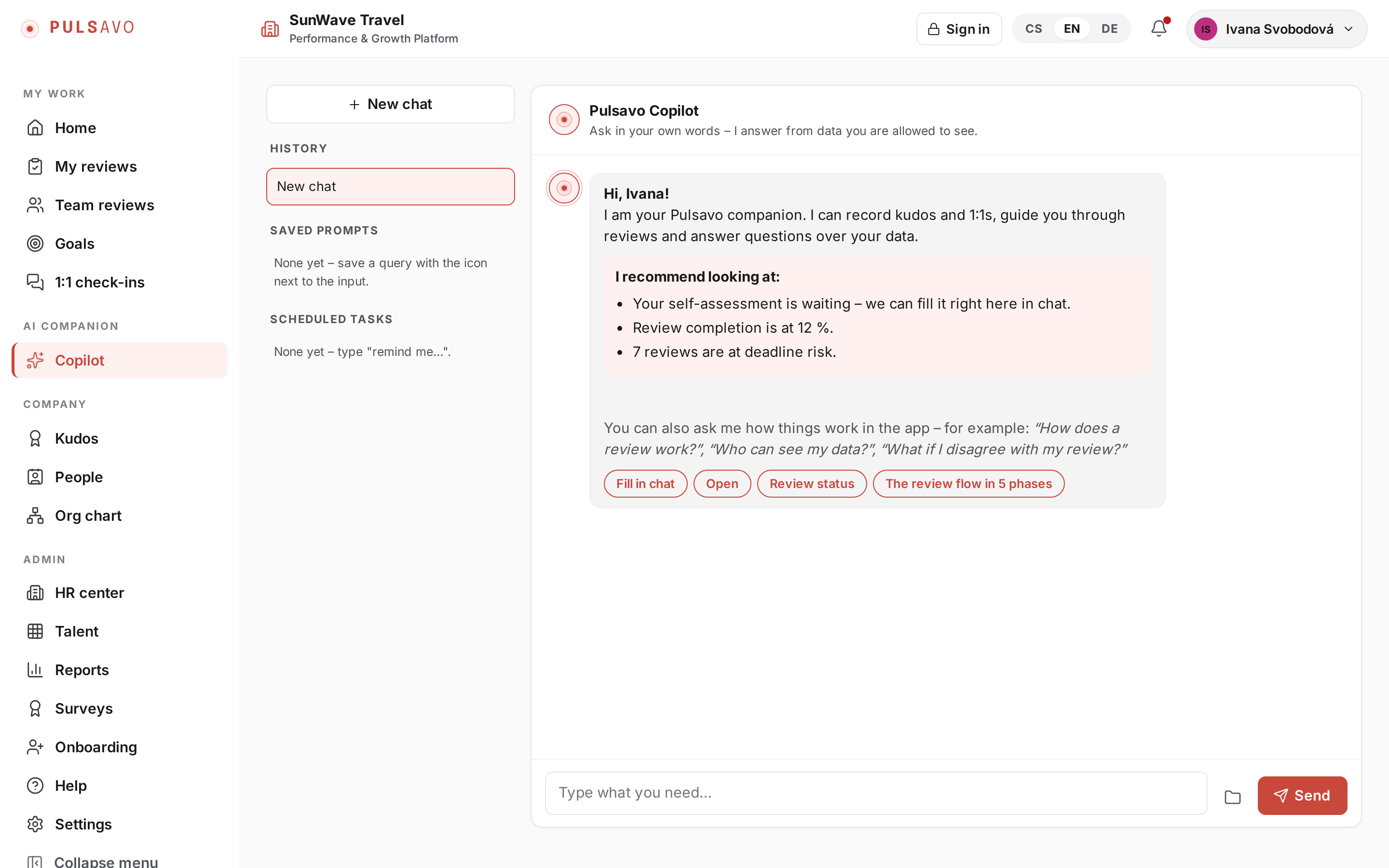 Pulsavo Copilot: a chat where the AI summarises the situation and recommends next steps.