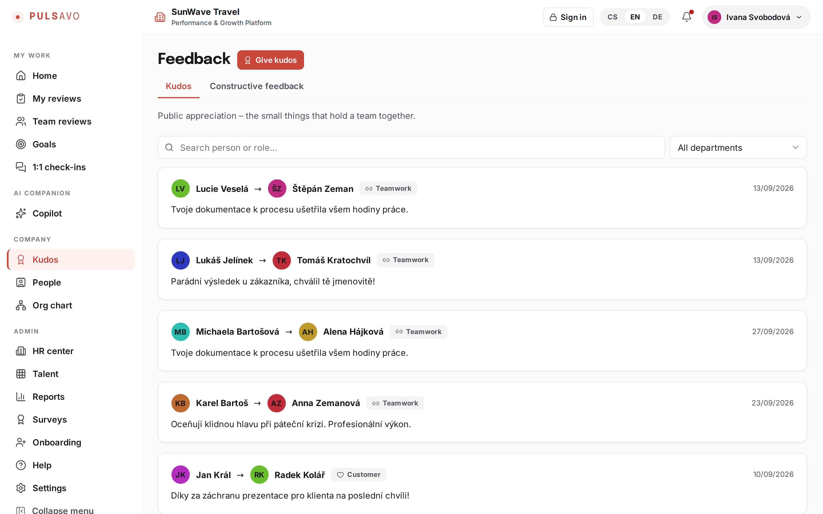 Feedback in Pulsavo: public kudos exchanged between colleagues across teams.