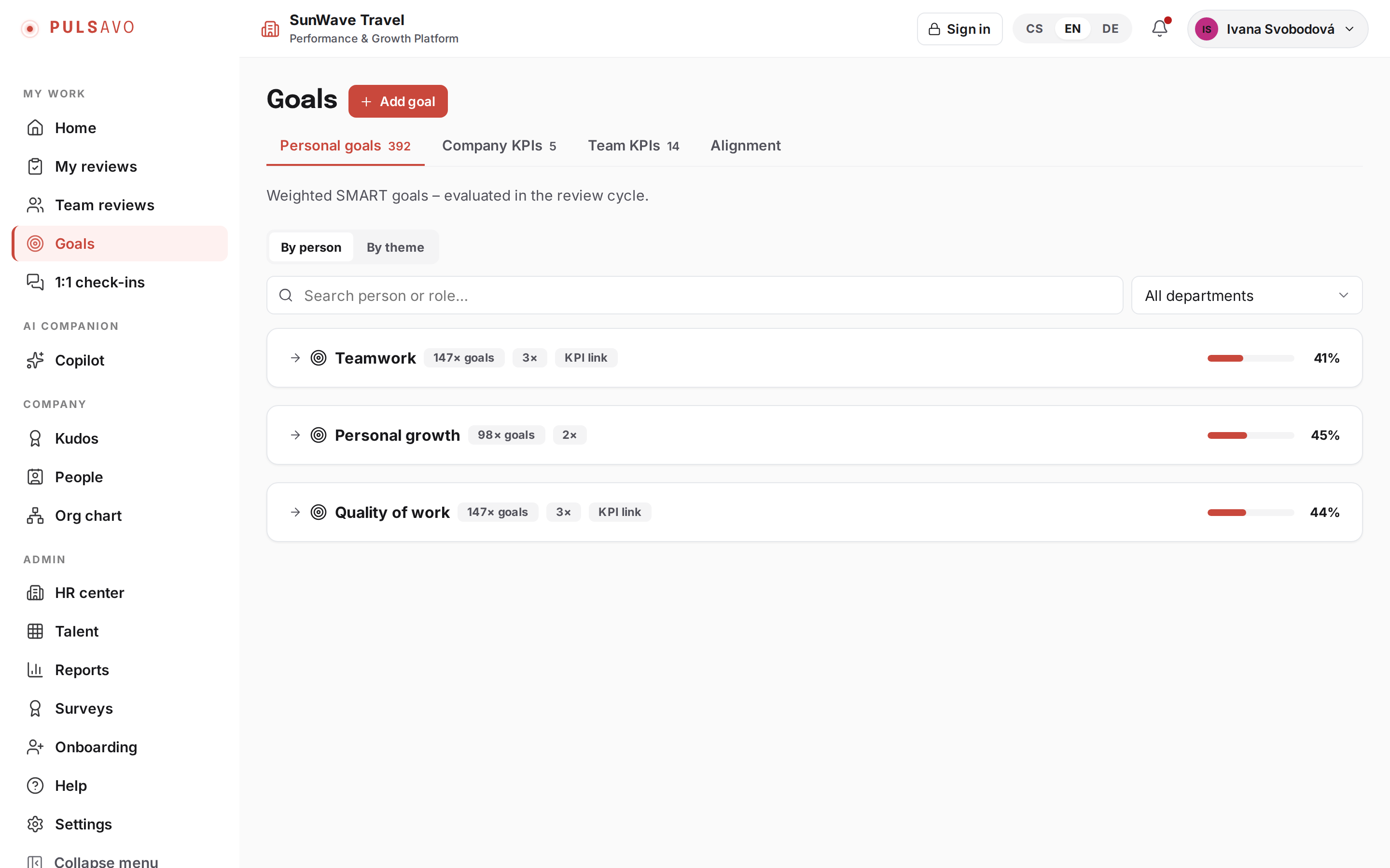 Goals in Pulsavo: teamwork, personal growth and quality goals with progress and manager confirmation.