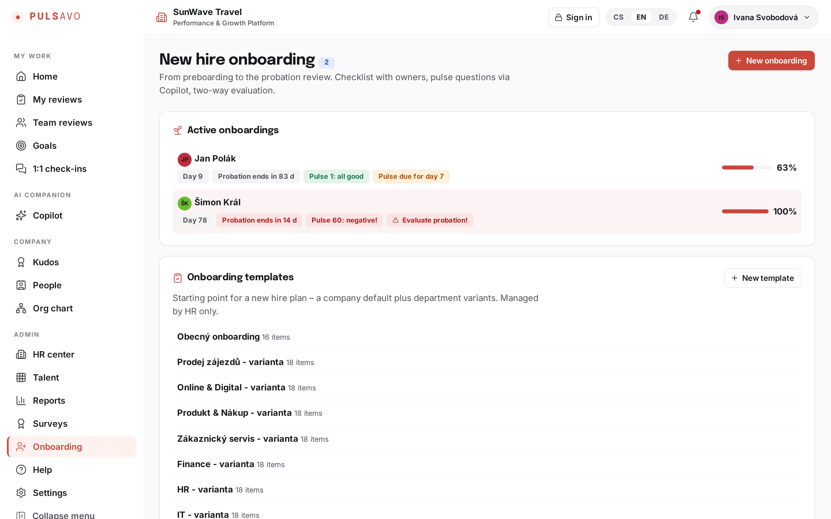 Onboarding in Pulsavo: active new hires with progress and probation tracking.